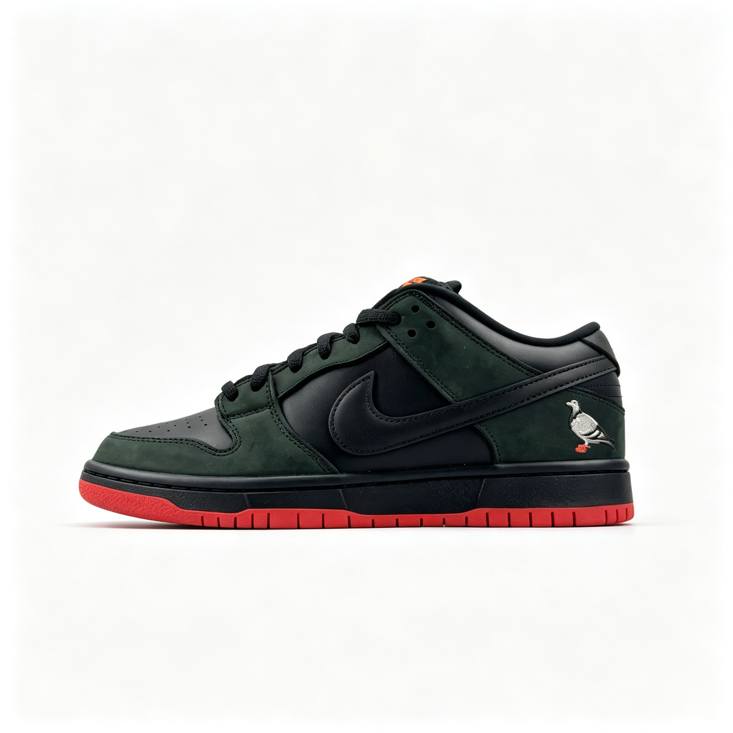 Nike Dunk Low Custom — Dark Forest Green / Black / Red Pigeon Embroidery