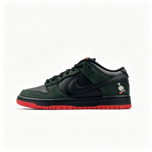 Nike Dunk Low Custom — Dark Forest Green / Black / Red Pigeon Embroidery