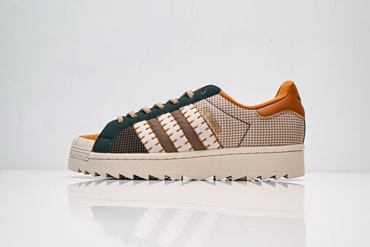 adidas Originals Superstar – Houndstooth Upper in Dark Green, Brown & Orange with Platform Sole