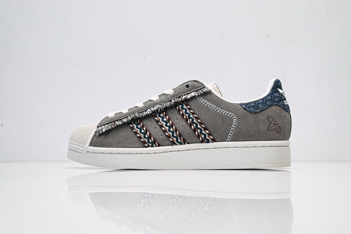 adidas Originals Superstar – Grey Suede with Multi-Color Webbing & White Shell Toe