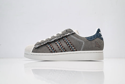 adidas Originals Superstar – Grey Suede with Multi-Color Webbing & White Shell Toe