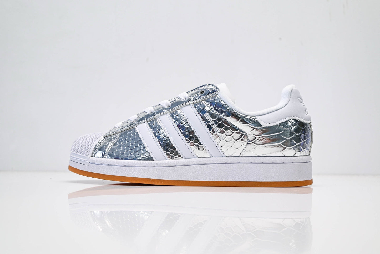 adidas Originals Superstar – Silver Snake-Embossed Upper with White 3-Stripes & Gum Shell Toe