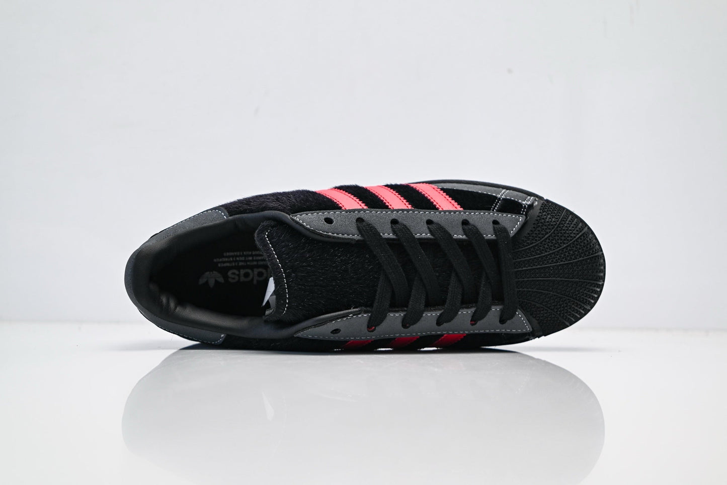 adidas Originals Superstar – Dark Gray & Black Faux Fur with Bright Red 3-Stripes Shell Toe