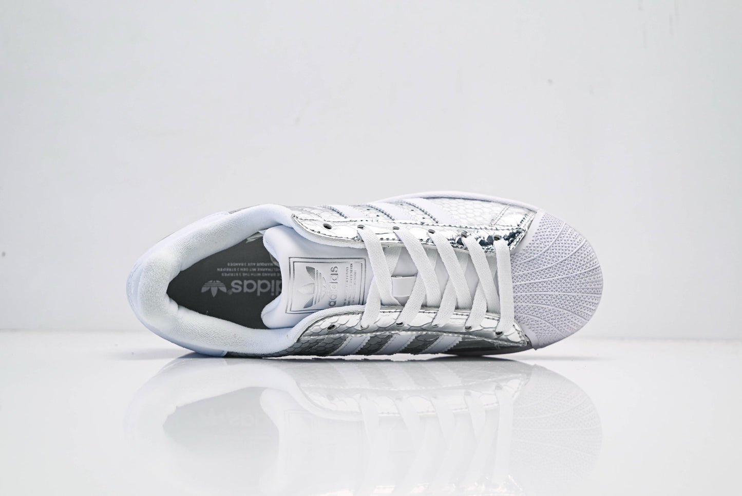 adidas Originals Superstar – Silver Snake-Embossed Upper with White 3-Stripes & Gum Shell Toe