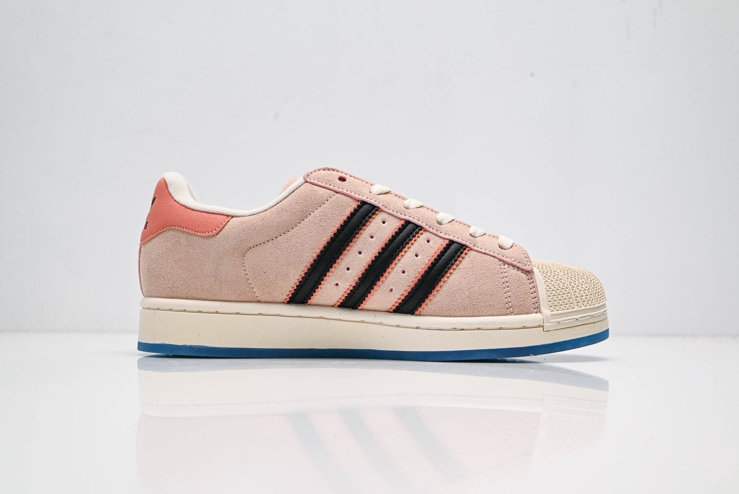adidas Originals Superstar – Pink Suede with Black 3-Stripes & Blue Outsole