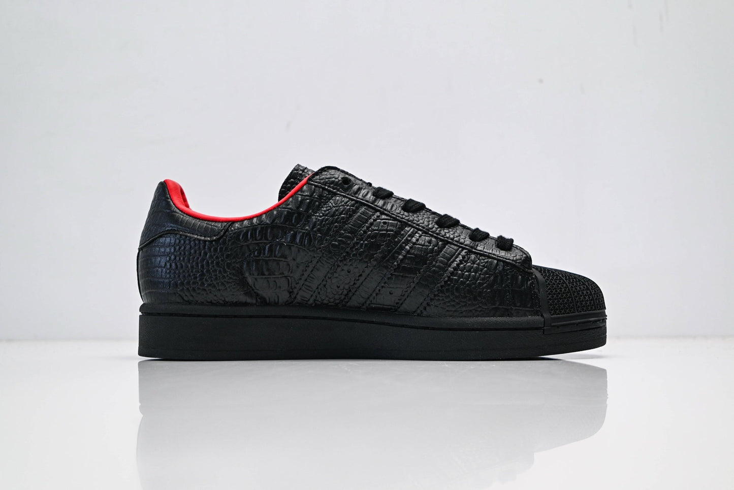 adidas Originals Superstar – Black Croc-Embossed Upper with Red Lining & White Shell Toe