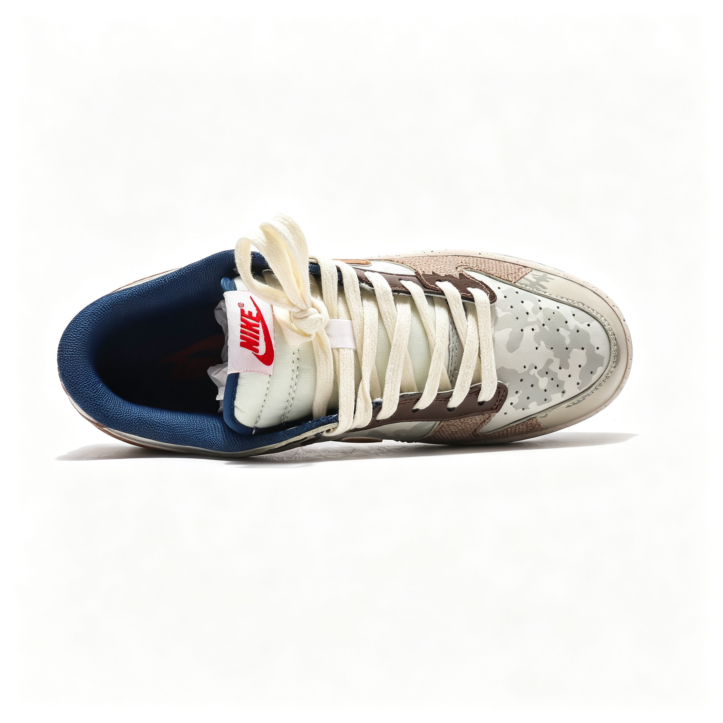 Nike Dunk Low Custom — Beige Camo / Cork Swoosh / Brown Canvas / Navy Outsole
