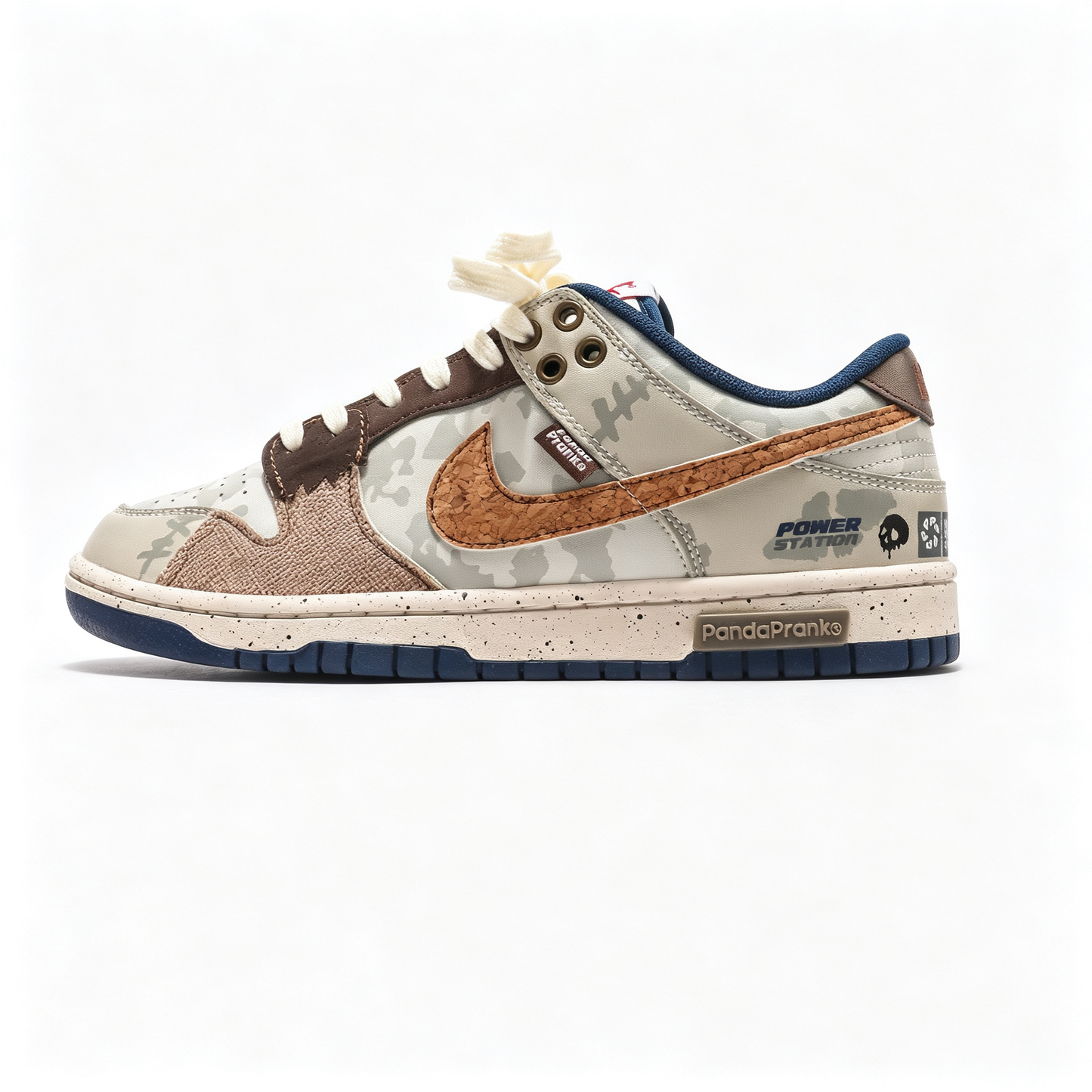 Nike Dunk Low Custom — Beige Camo / Cork Swoosh / Brown Canvas / Navy Outsole