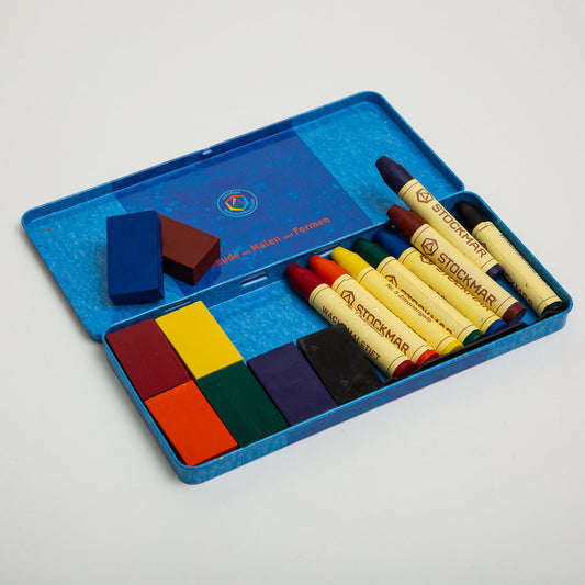 Stockmar Wax Combines Assortment 8 Crayons and 8 Blocks in Tin Case