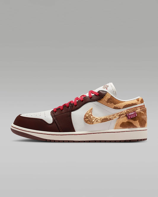 Air Jordan 1 Low White Dark Brown Leopard Fur Red Laces Leather Sneakers