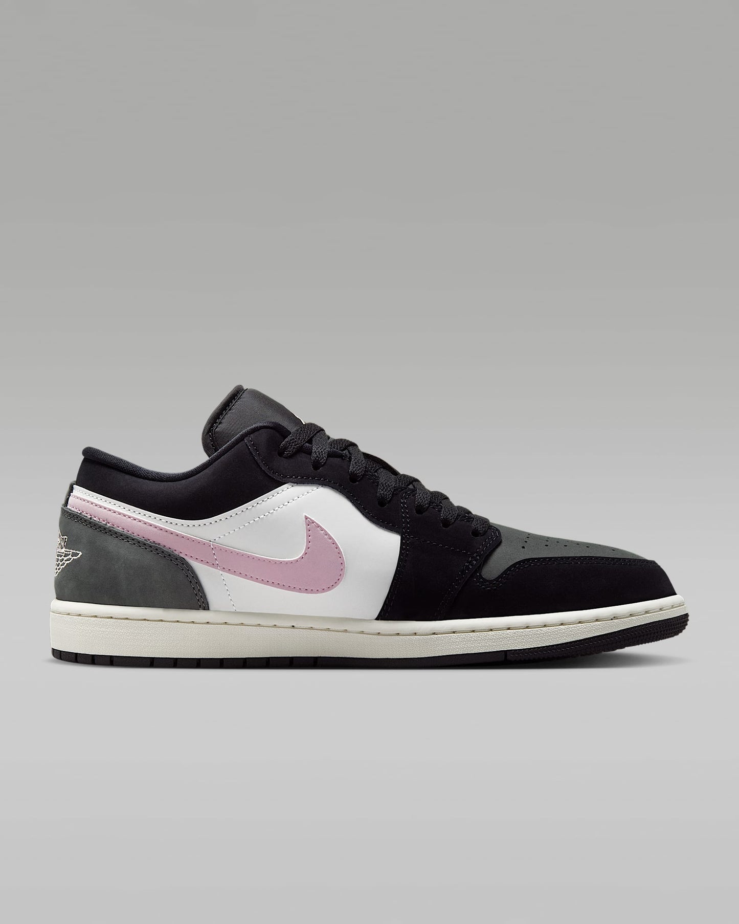 Air Jordan 1 Low Black White Medium Olive and Pink Foam Sneakers