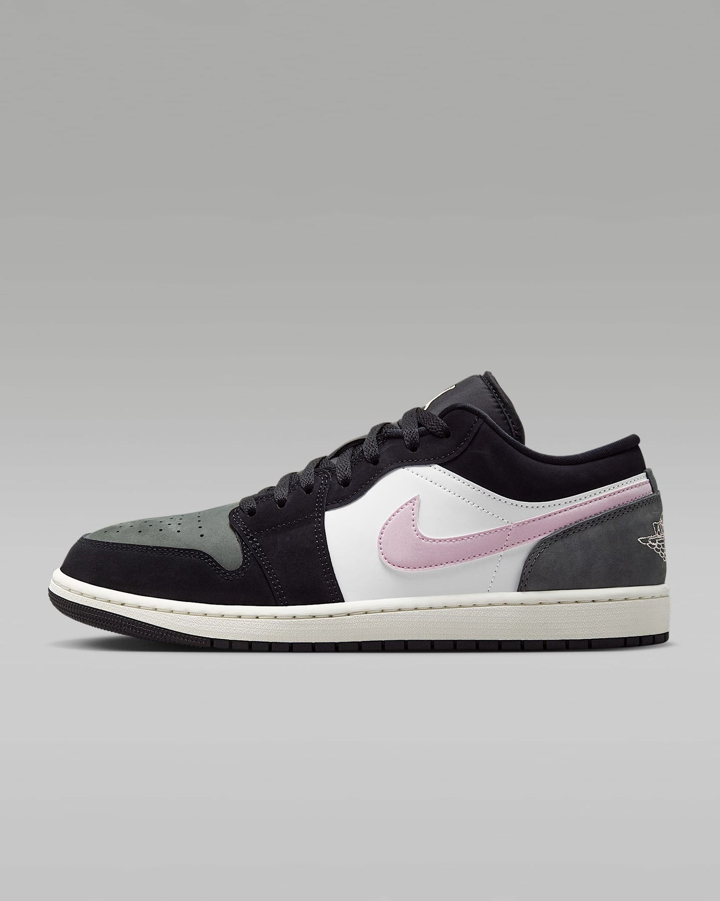 Air Jordan 1 Low Black White Medium Olive and Pink Foam Sneakers