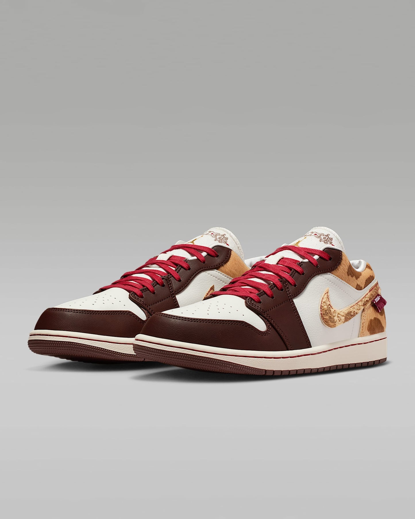 Air Jordan 1 Low White Dark Brown Leopard Fur Red Laces Leather Sneakers