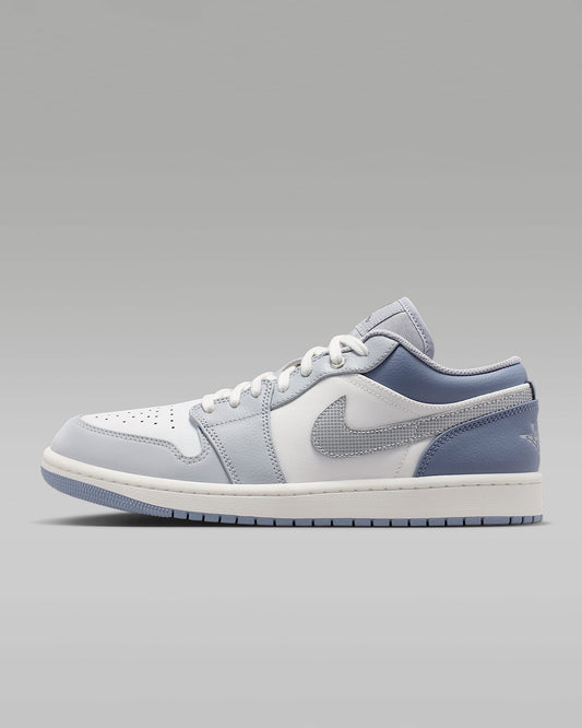 Air Jordan 1 Low White Slate Blue Grid Swoosh Mixed-Material Sneakers