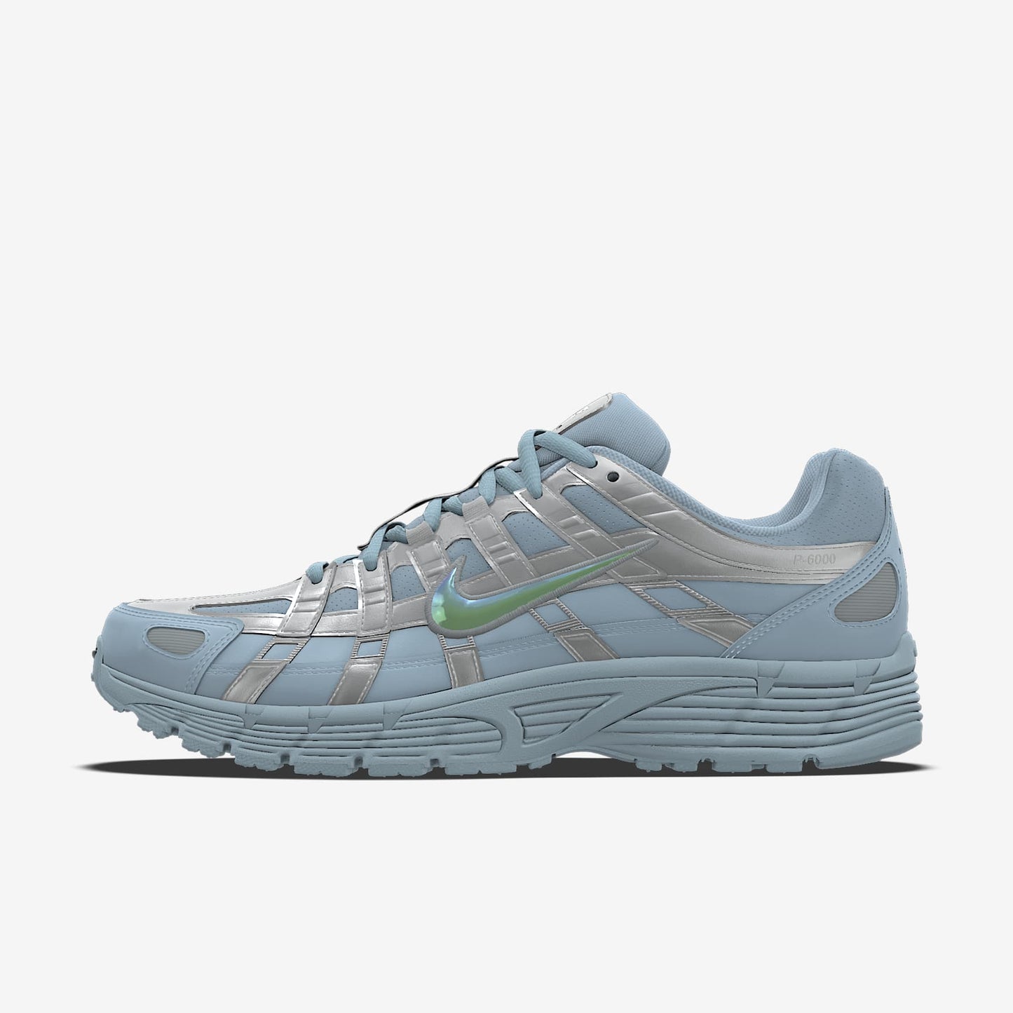 Nike P-6000 – Light Blue / Metallic Silver / Iridescent Swoosh Mesh Athletic Sneakers