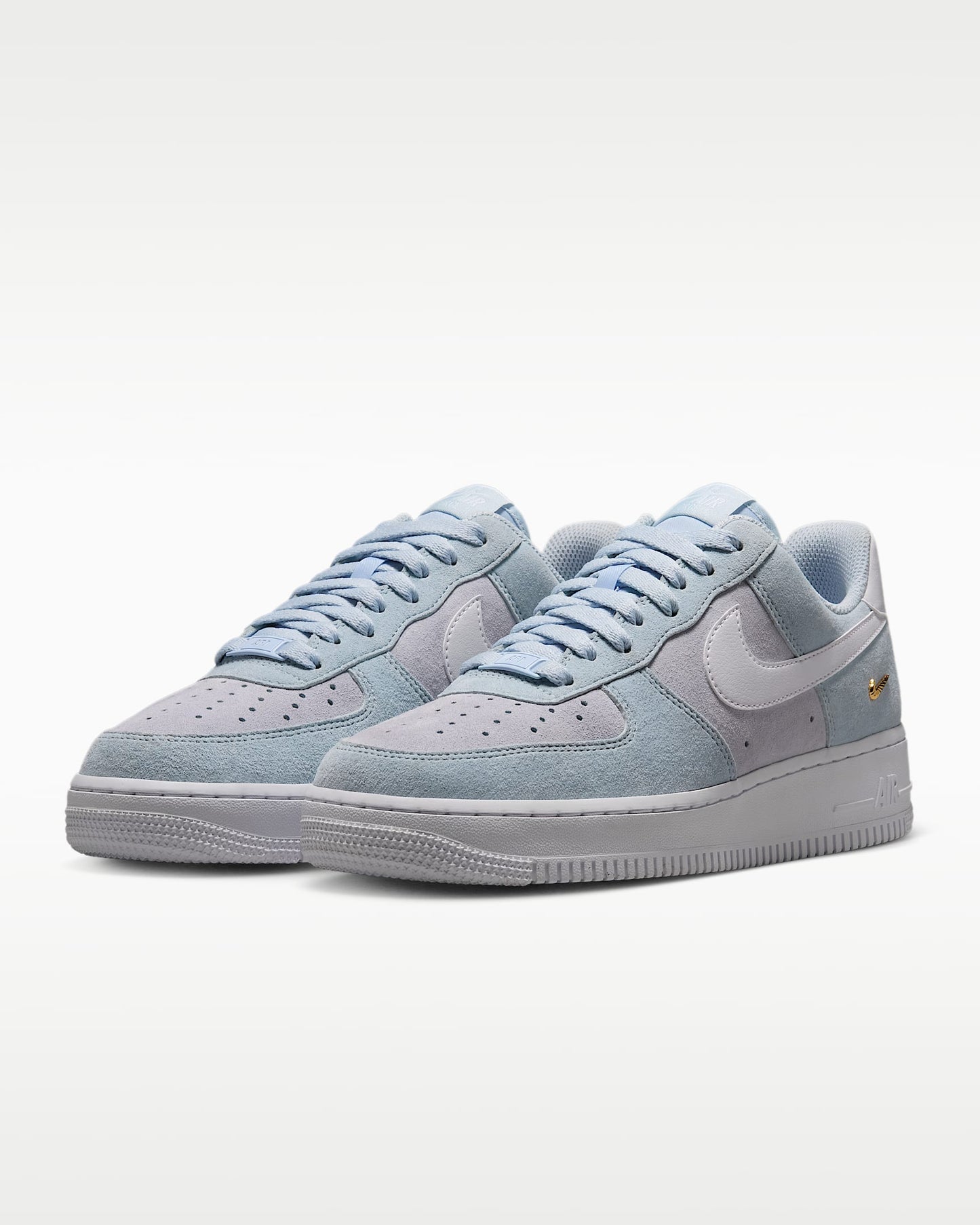 Nike Air Force 1 '07 Light Blue Lavender Suede Gold Mini Swoosh Sneakers