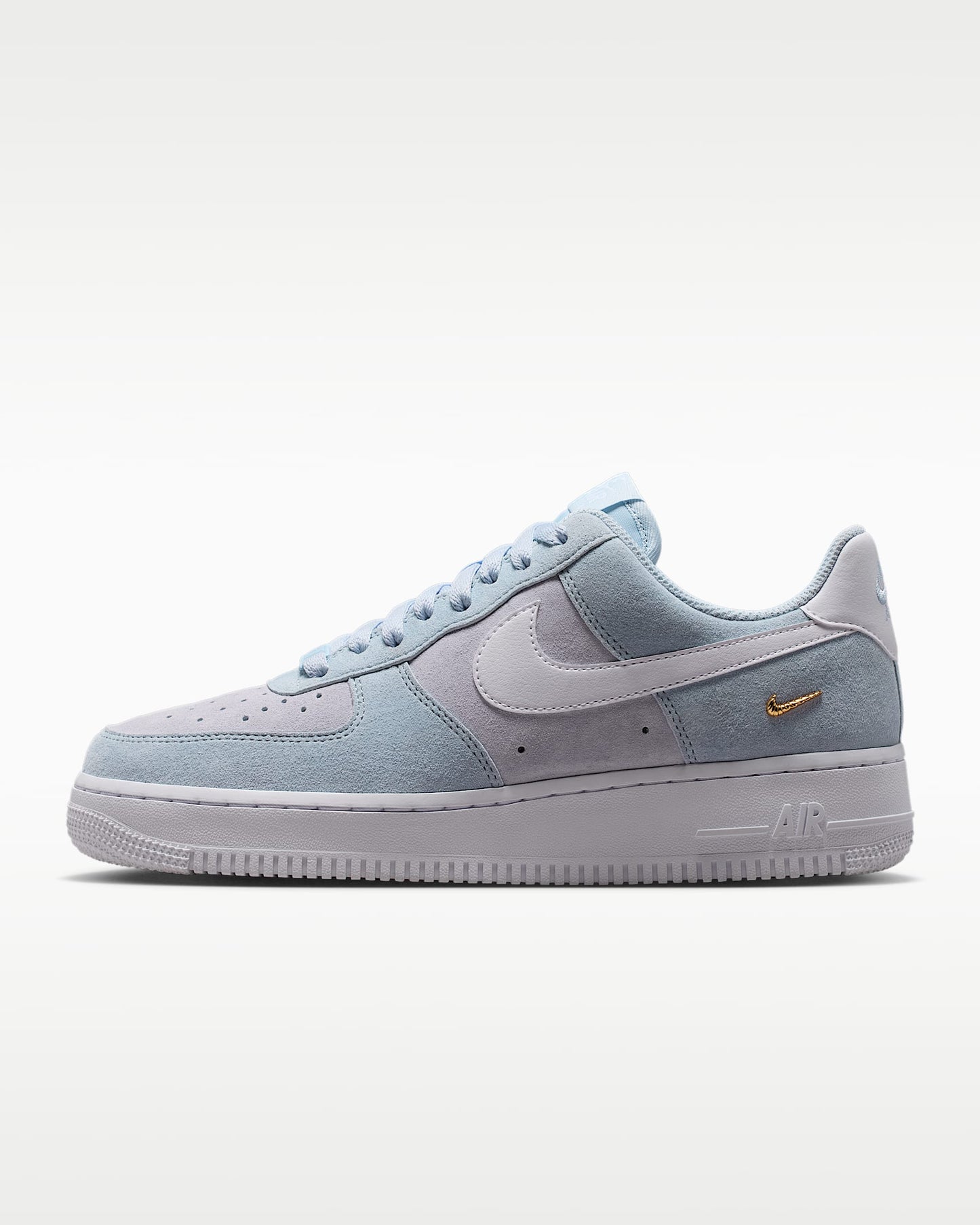 Nike Air Force 1 '07 Light Blue Lavender Suede Gold Mini Swoosh Sneakers