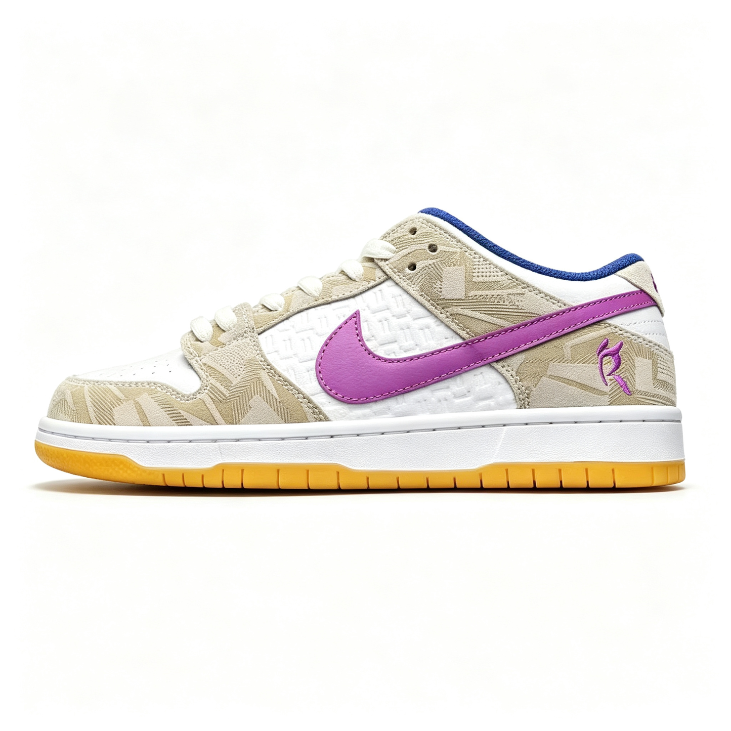 Nike Dunk Low – White/Beige Geometric Print with Purple Swoosh & Gum Sole