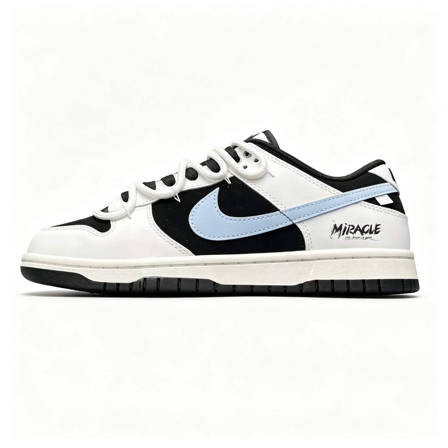 Nike Dunk Low 'Miracle' — Black & White with Light Blue Swoosh & Heel Print